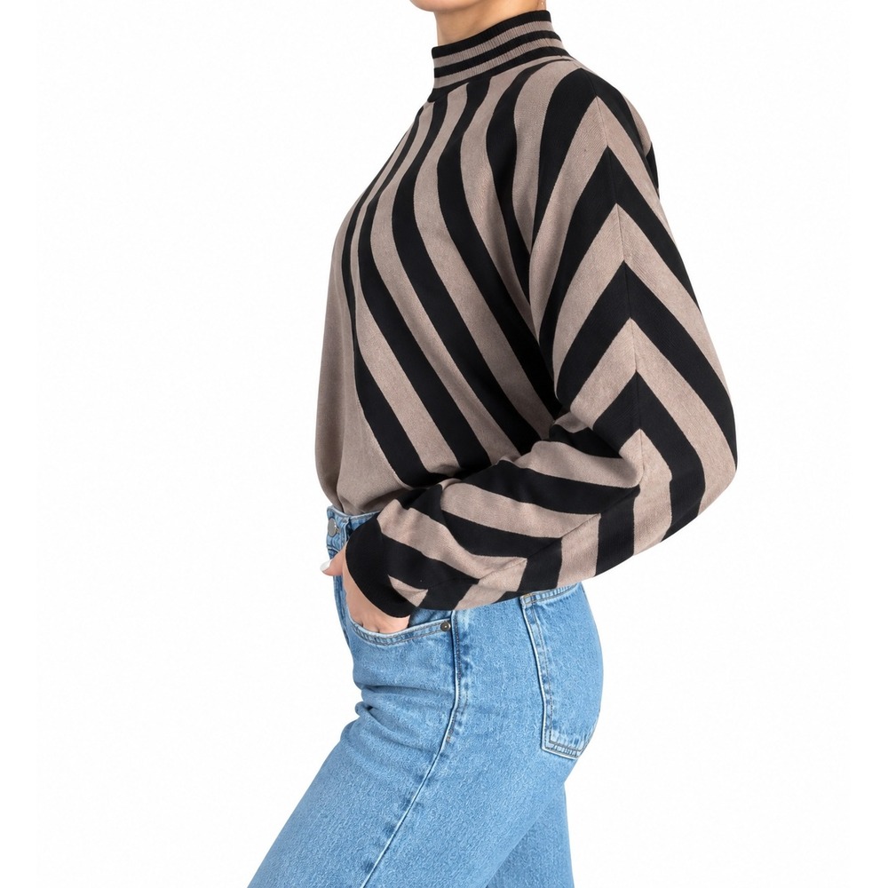 Chicos Cashmere Blend Asymmetrical Striped Mock Neck Sweater